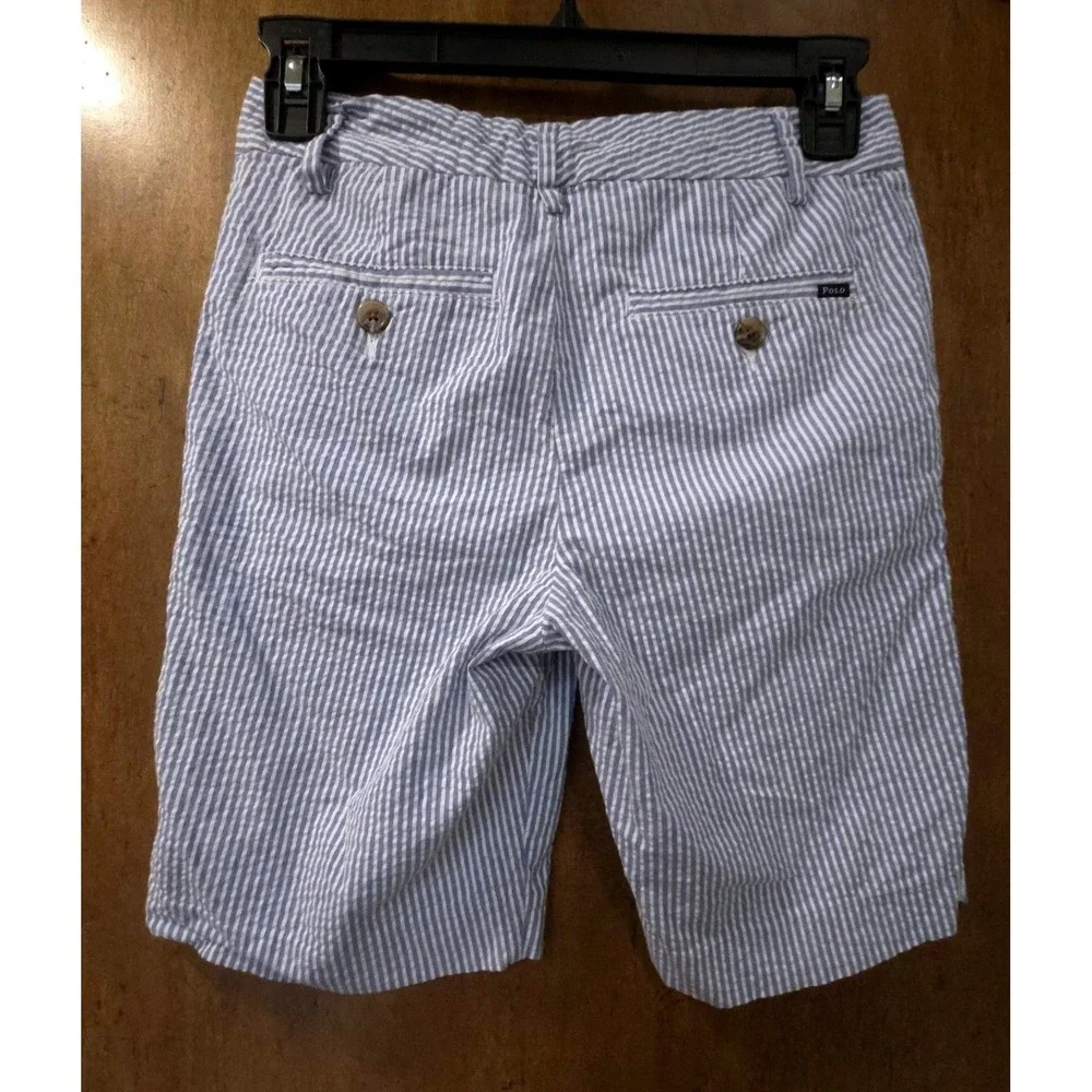 Polo Ralph Lauren Boys Blue White Seersucker Striped Shorts Size 12 Cotton Blend